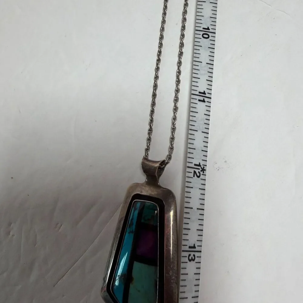 Sterling Silver Southwest Inlay Pendant Necklace Turquoise Sugilite 24